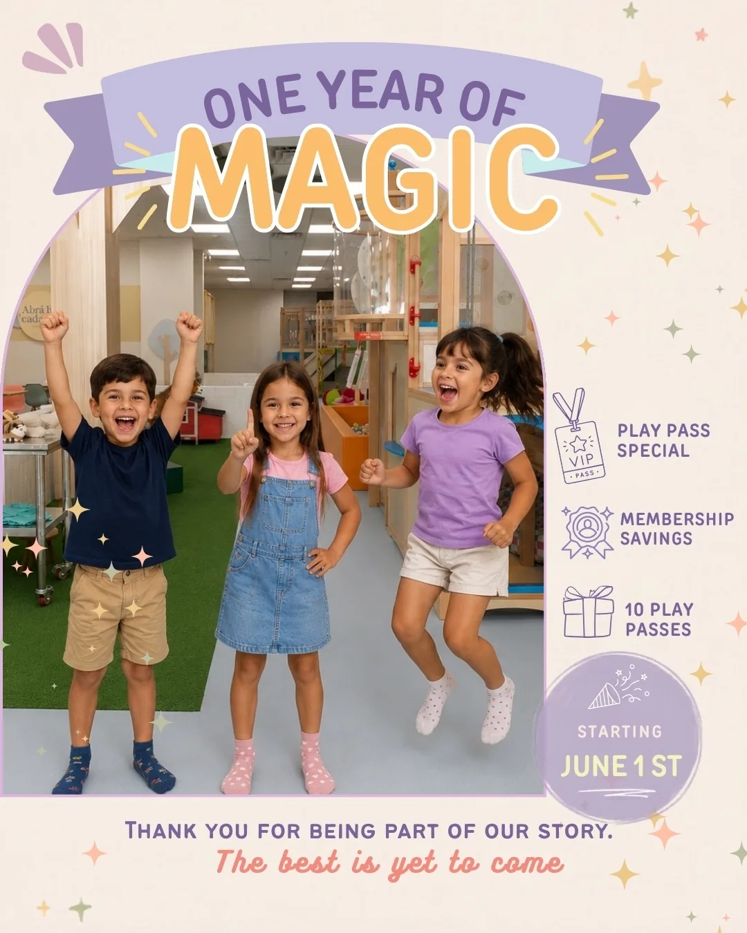 One Year of Magic anniversary post with play pass, membership and 10-pass offers starting June 1st.