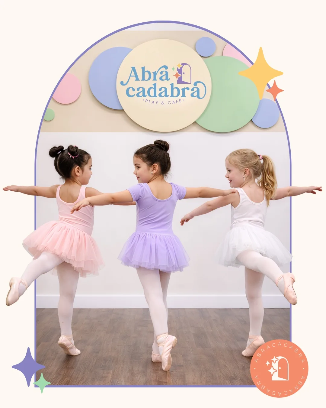 Ballet classes post: three girls in tutus dancing under the Abracadabra logo.