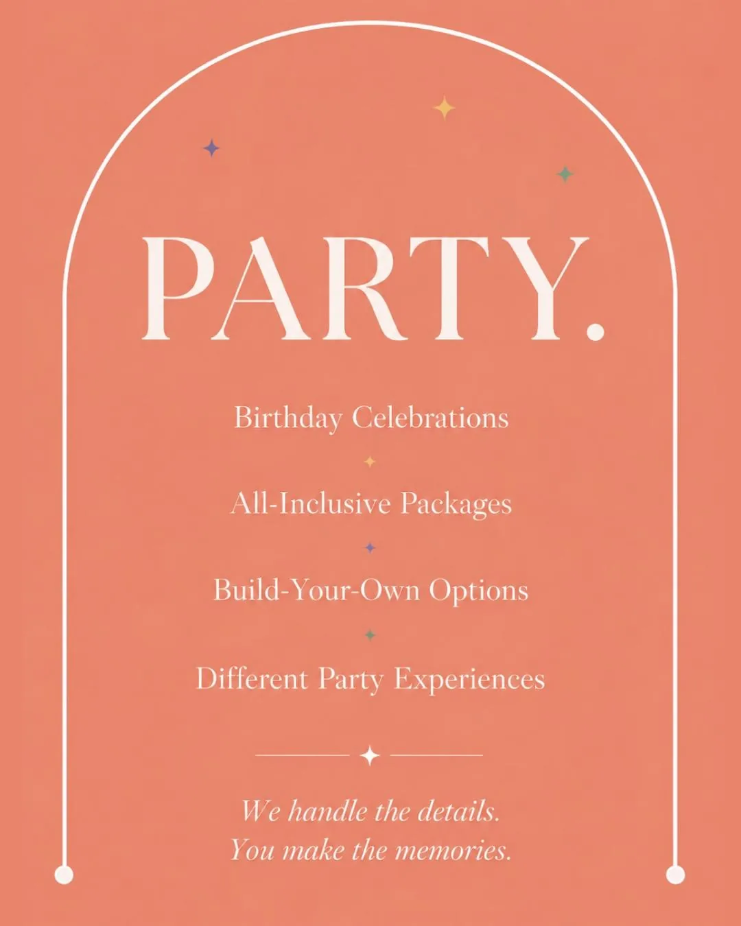 Party post: birthday celebrations, all-inclusive packages, build-your-own options.