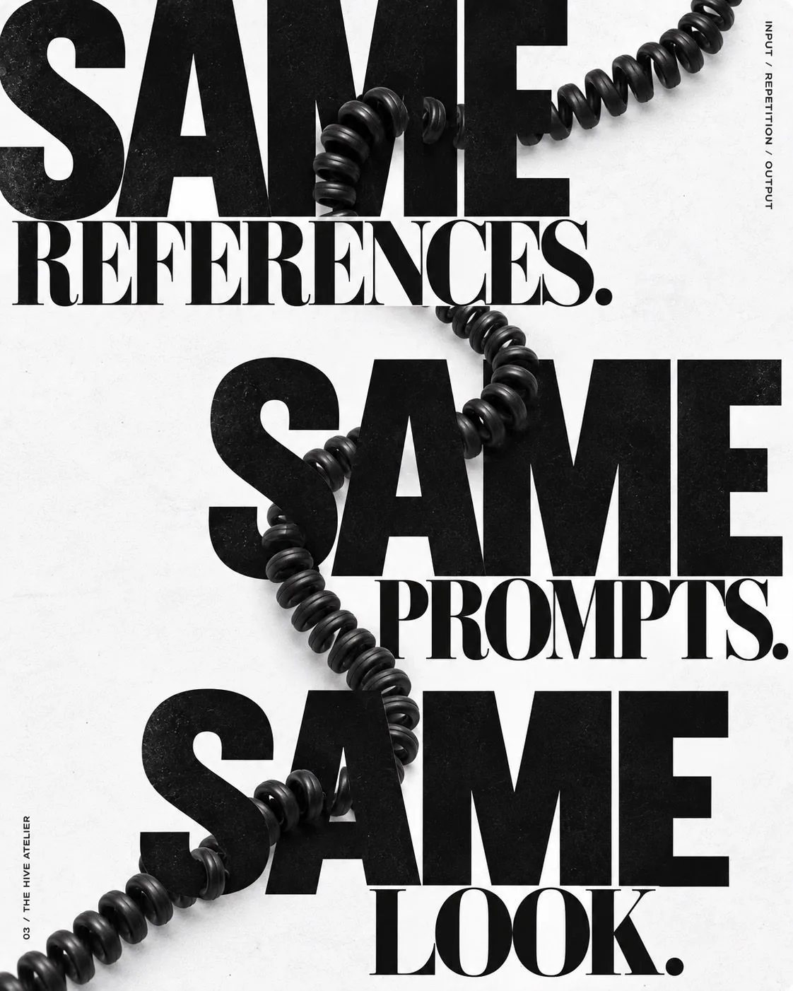 Poster: Same references. Same prompts. Same look. A coiled cord runs through the words.
