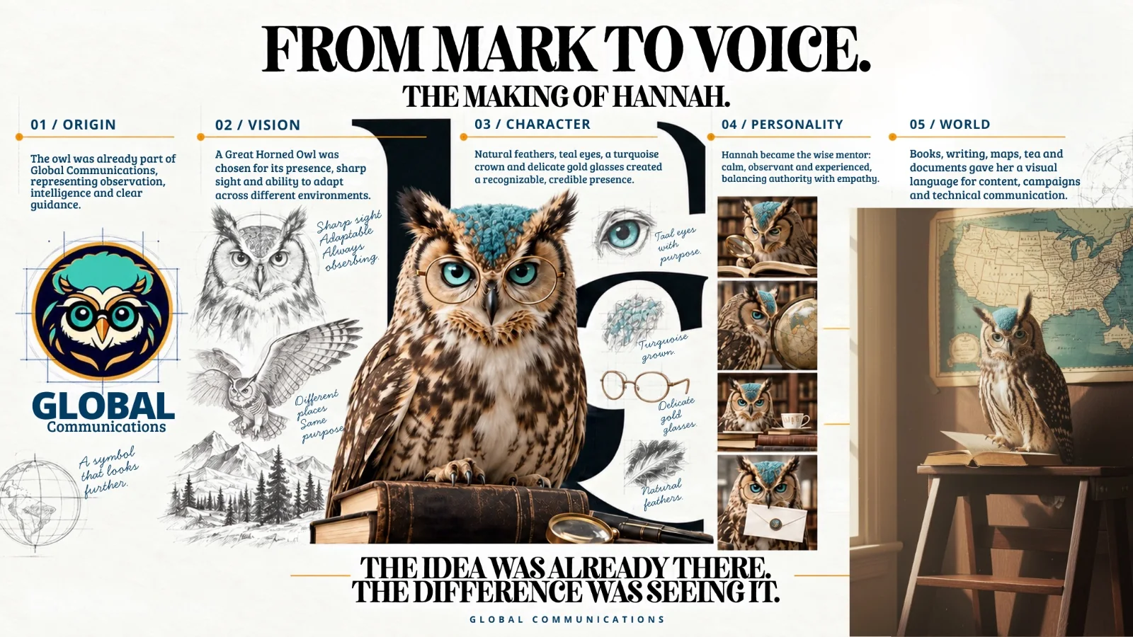 Brand board: From mark to voice, the making of Hannah, showing origin, vision, character, personality and world.