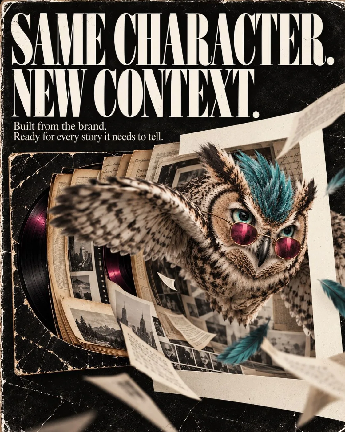 Poster: Same character. New context. Hannah flies out of a photo frame surrounded by papers and records.