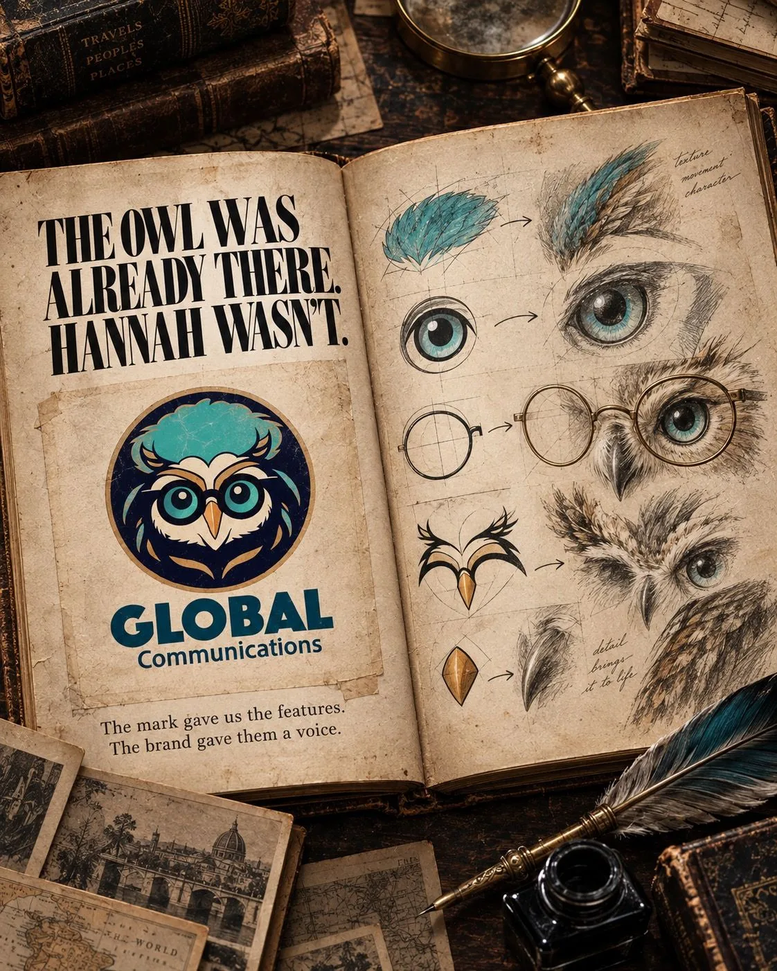 Poster: The owl was already there. Hannah wasn't. A sketchbook shows the Global logo next to drawings of eyes, glasses and feathers.
