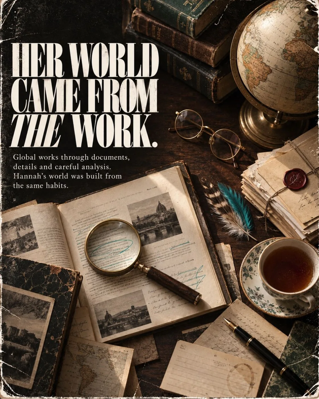 Poster: Her world came from the work. Open books, letters, a magnifying glass and a globe.