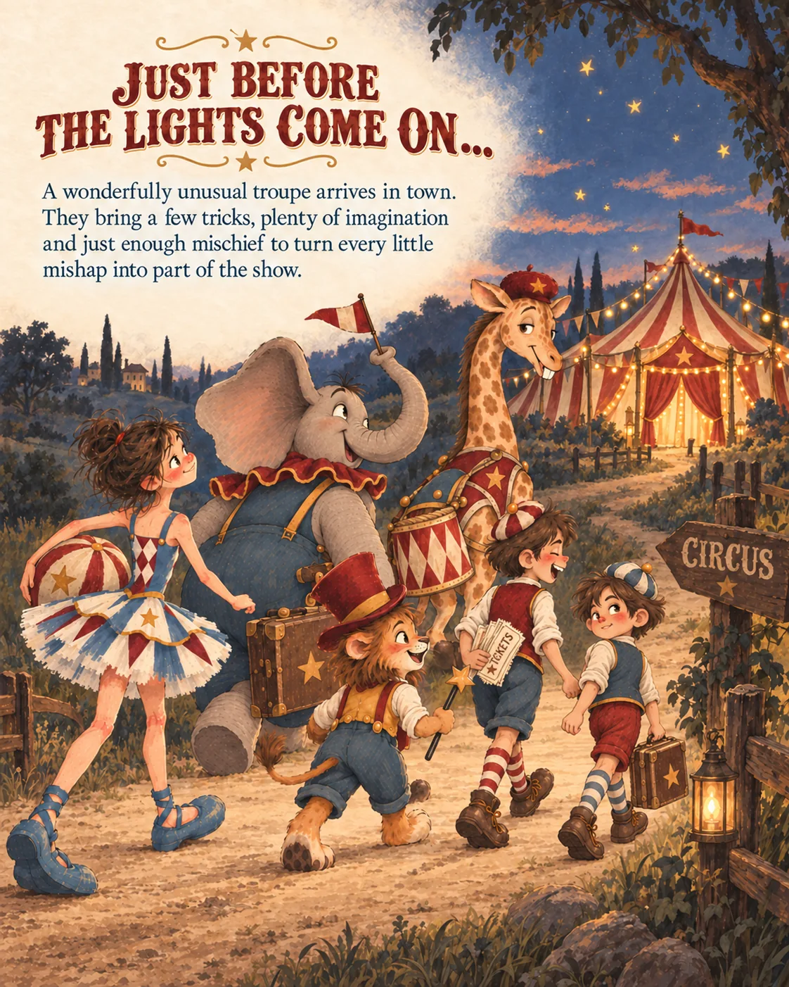 Just before the lights come on: the troupe walks toward the circus tent.