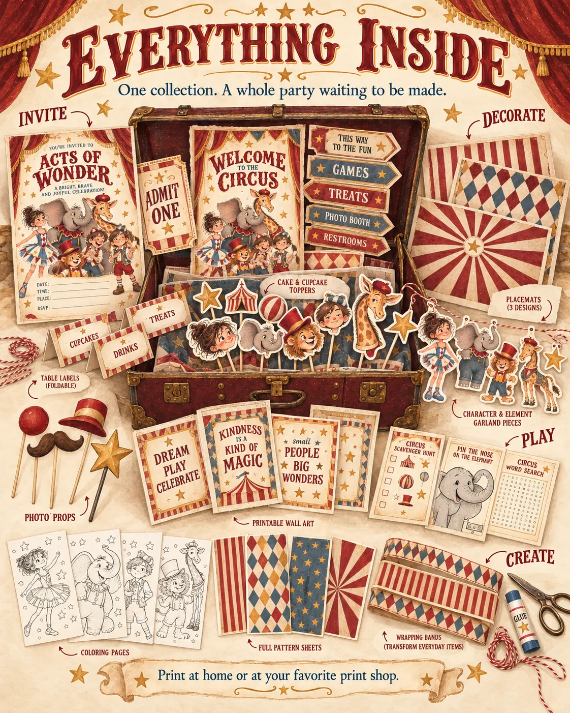 Everything inside: invitation, signs, toppers, garland, placemats, wall art, games and coloring pages.