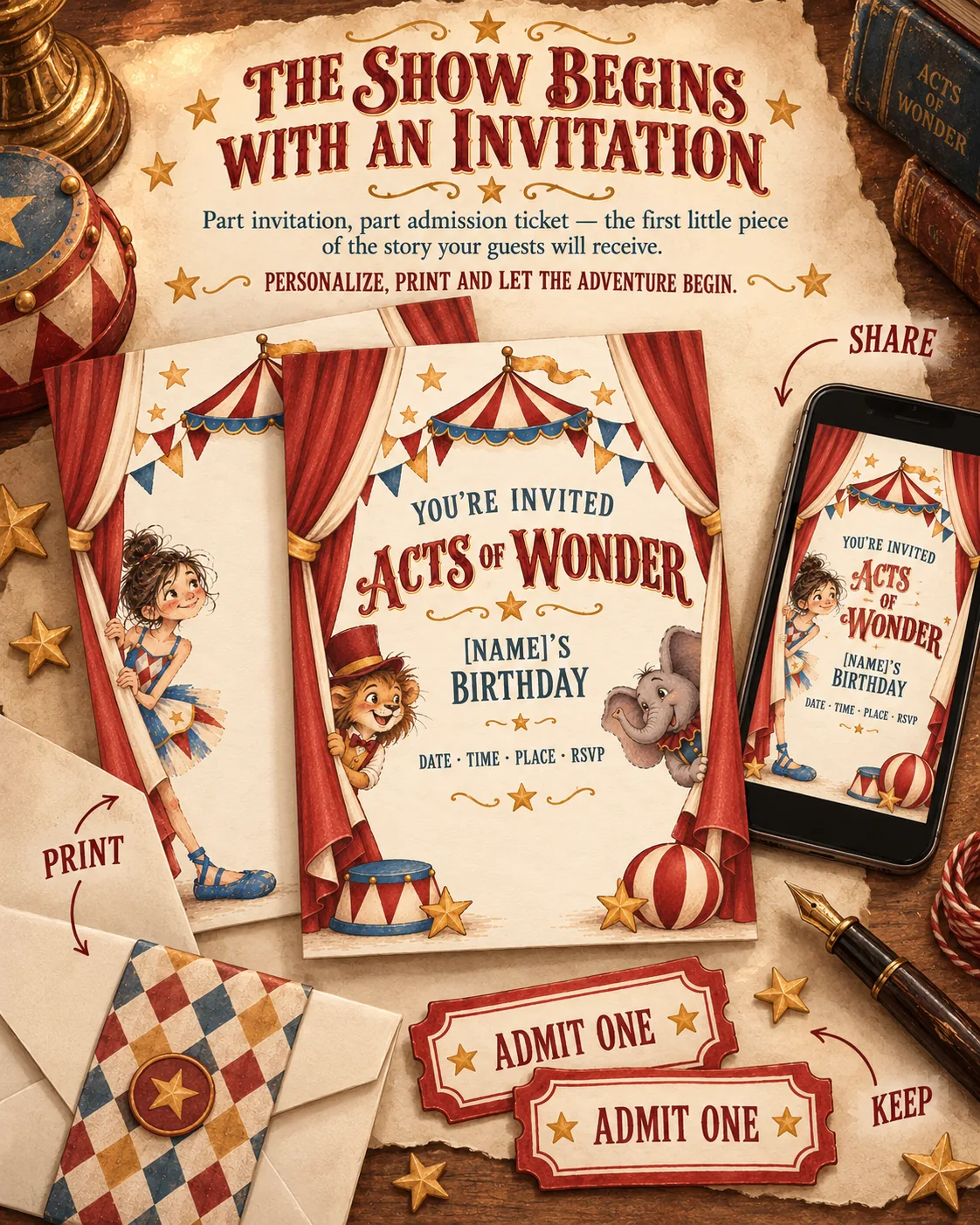 The show begins with an invitation: printed, shared on a phone and kept as a ticket.