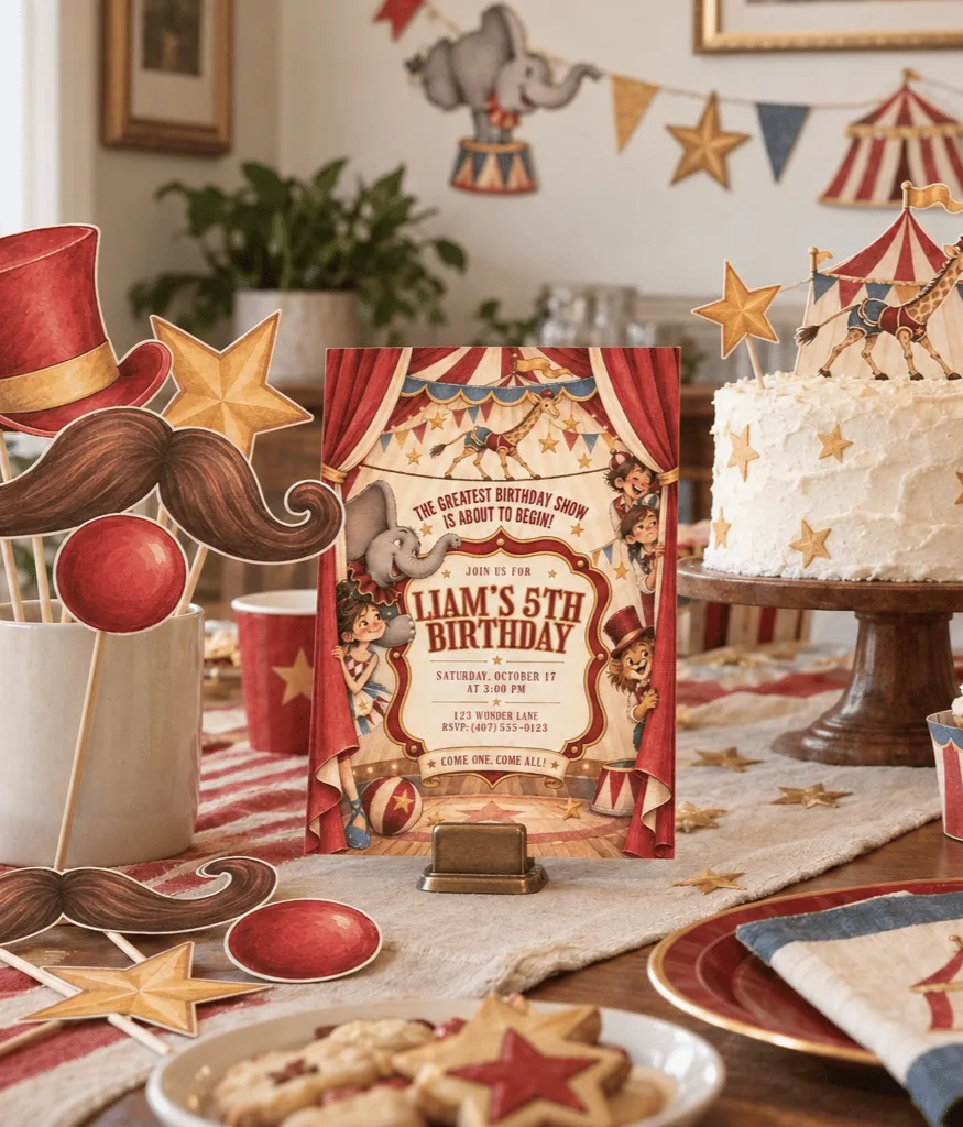 The printed invitation on a party table with props and a cake.