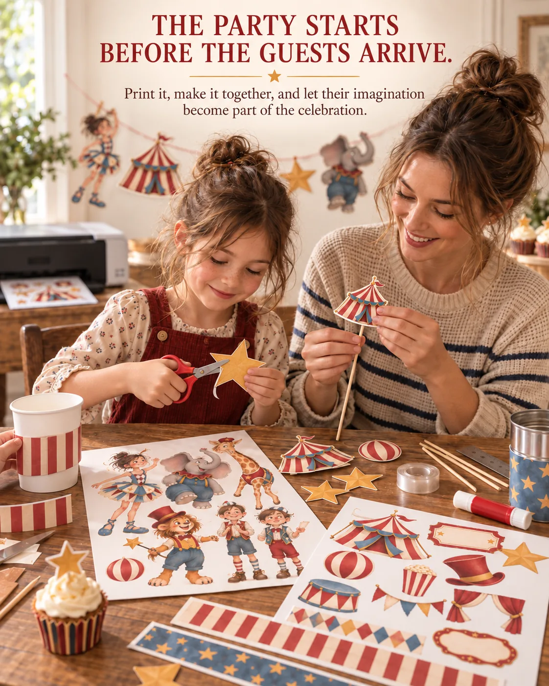 The party starts before the guests arrive: a mother and daughter cutting out decorations.
