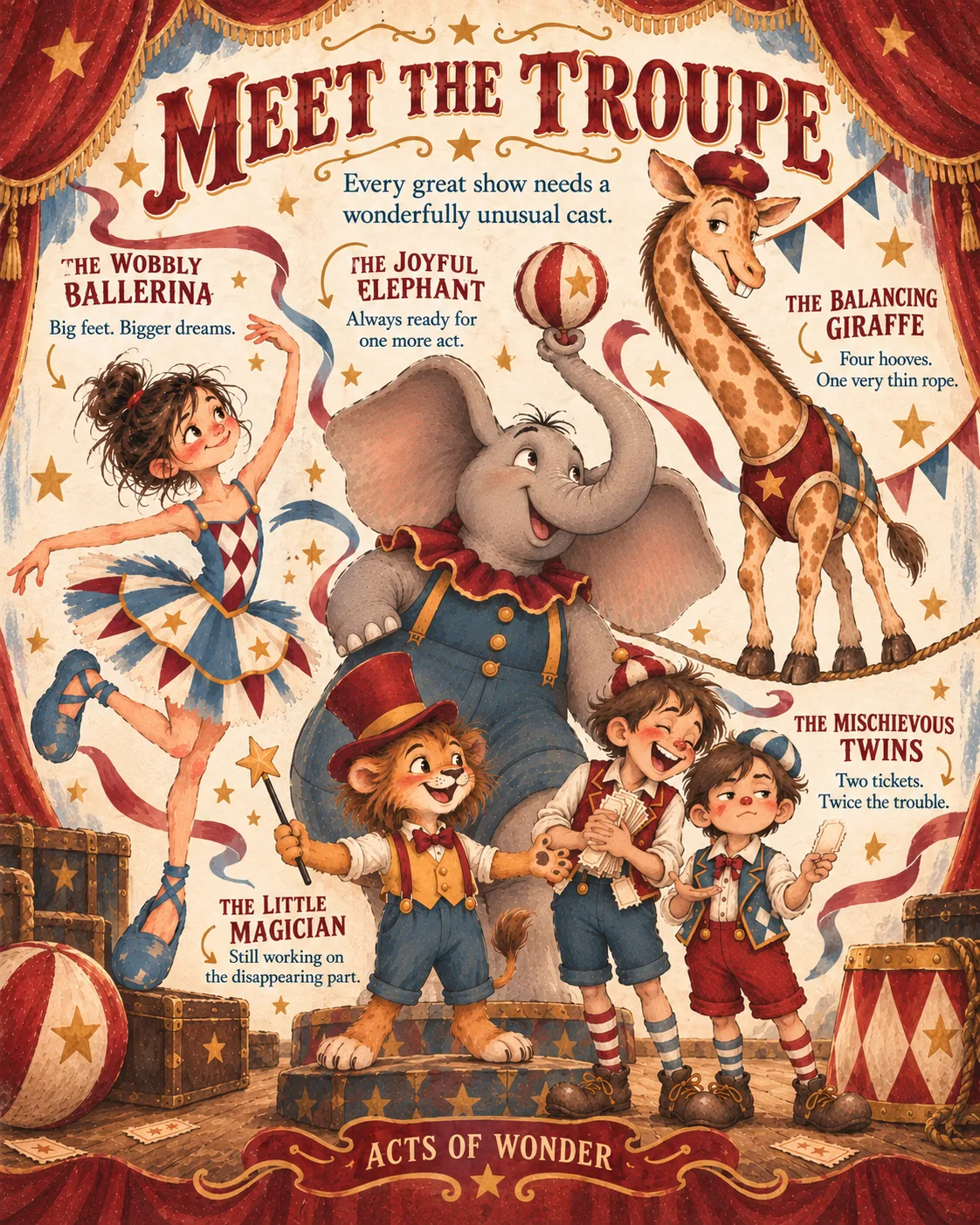 Meet the troupe: the wobbly ballerina, the joyful elephant, the balancing giraffe, the little magician and the mischievous twins.