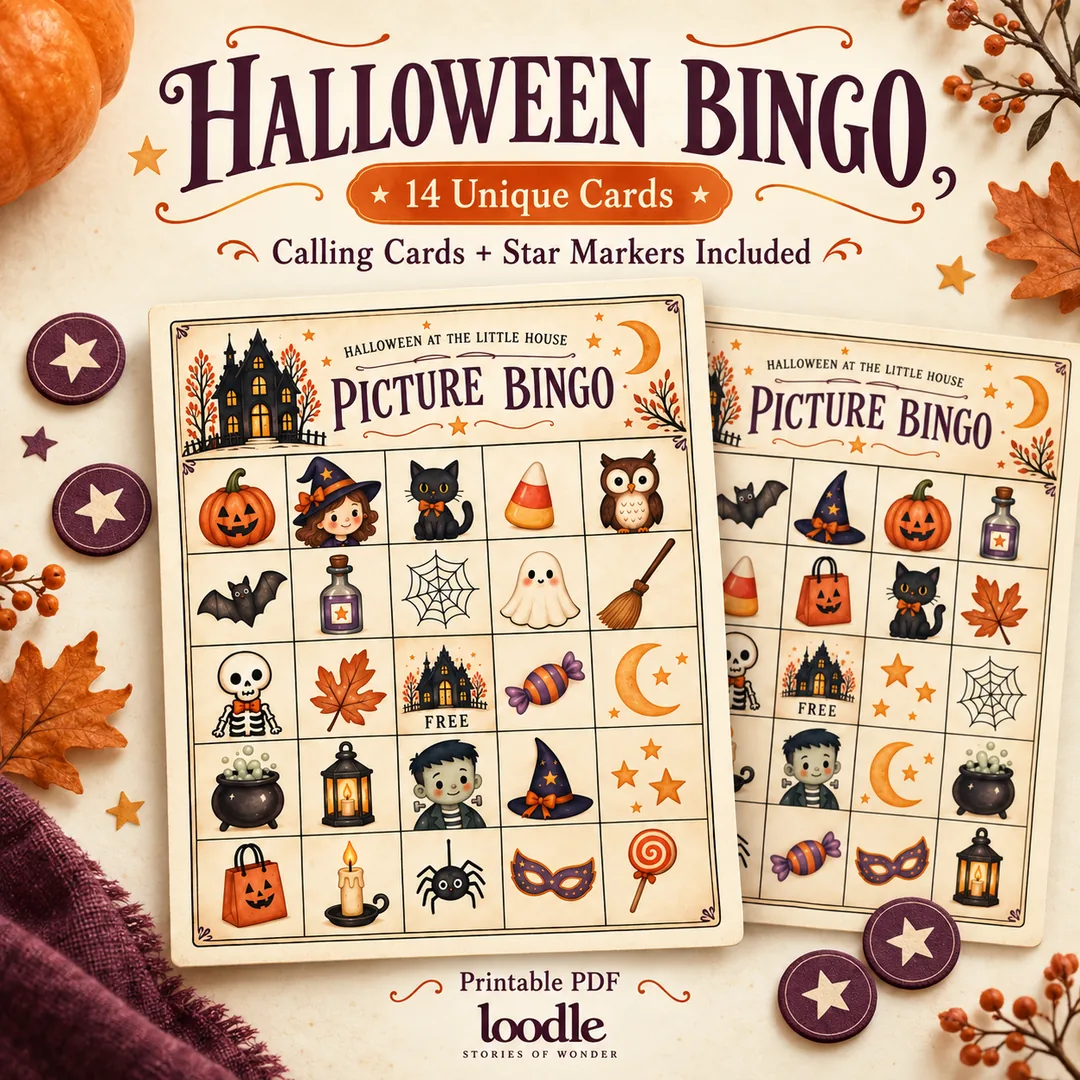 Halloween picture bingo with 14 unique cards, calling cards and star markers.