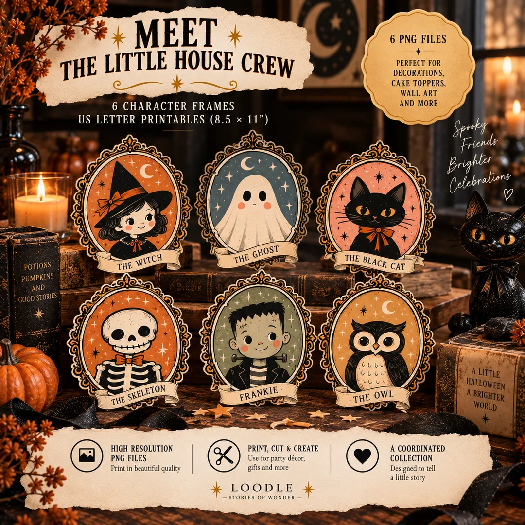 Meet the Little House crew: the witch, the ghost, the black cat, the skeleton, Frankie and the owl.