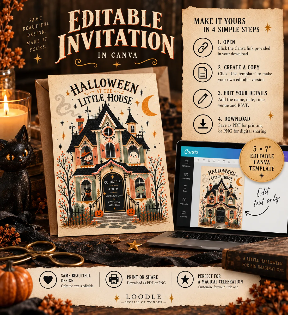 Editable invitation in Canva, made yours in four simple steps.