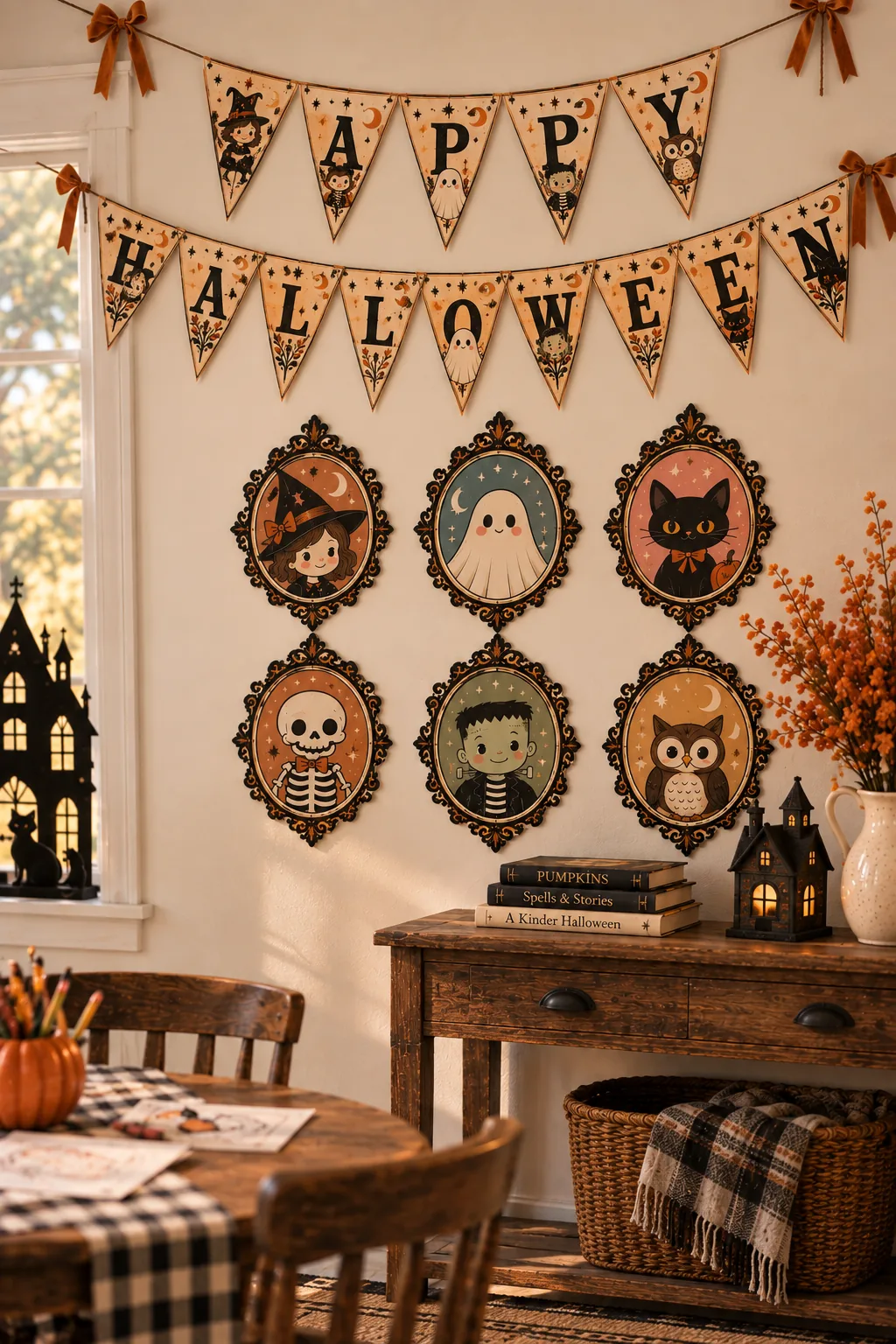 A Happy Halloween banner above the six character frames on a wall.