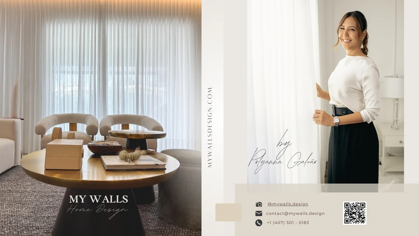 Presentation page: a living room with sheer drapery next to a portrait of the founder holding a curtain, with contact details.