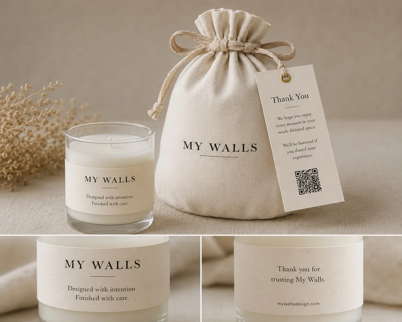 Candle and linen pouch with a thank-you tag and review QR code.