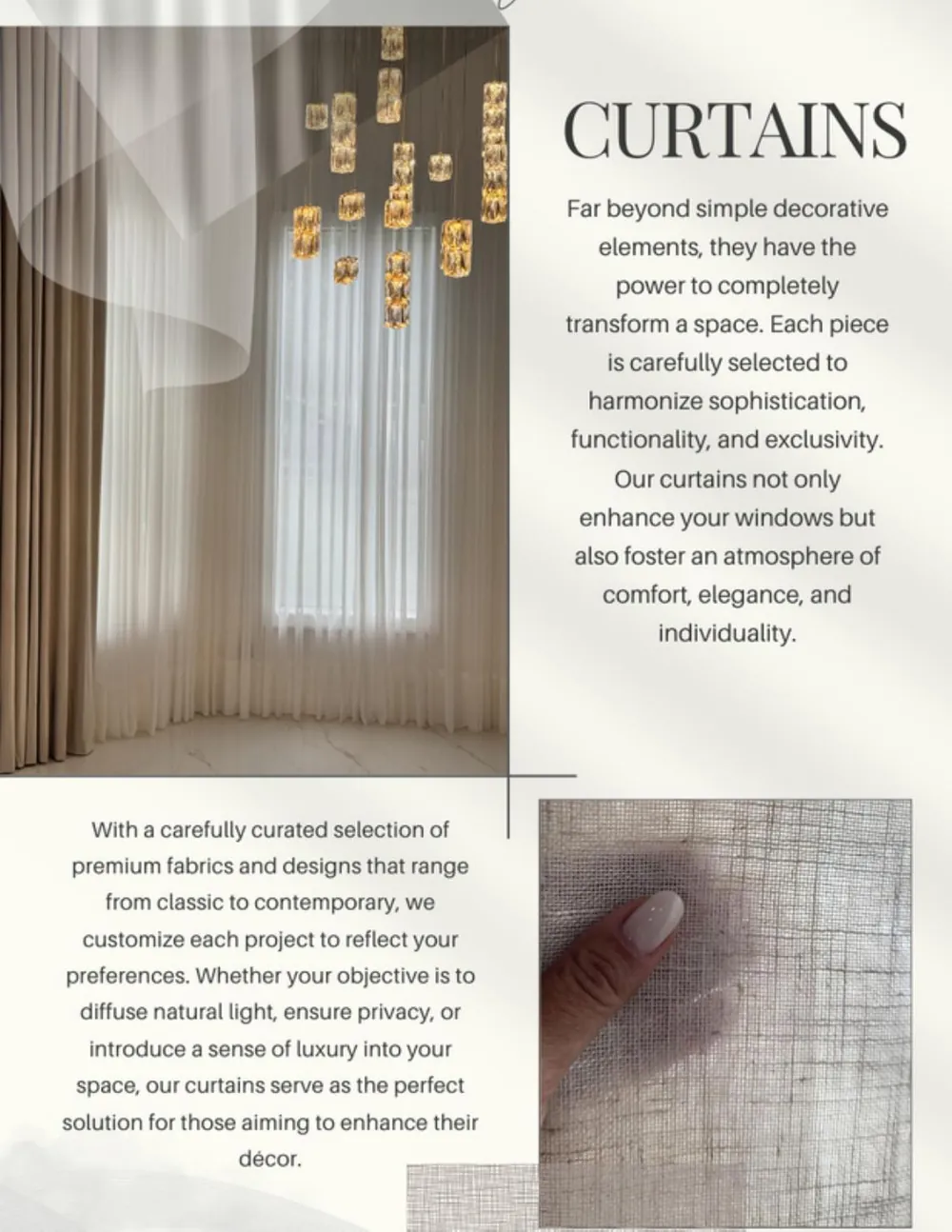 First portfolio: Curtains page with a collage of fabrics.