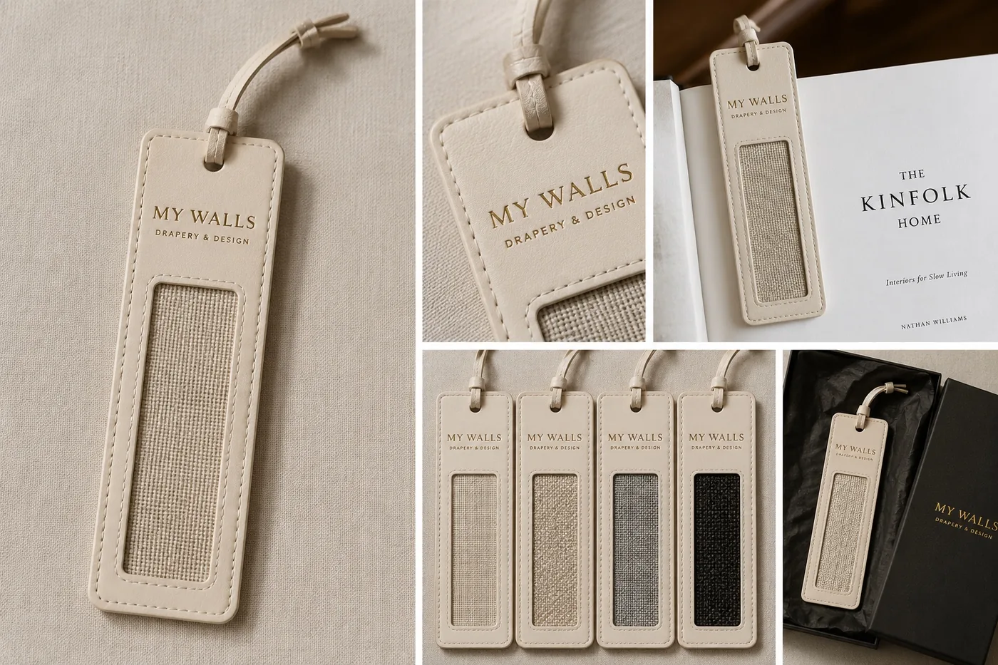 Leather-framed fabric sample tags in four colors.