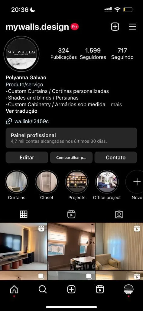 Instagram profile in 2023: 324 posts, 1,599 followers, a bio listing curtains, blinds and cabinetry.