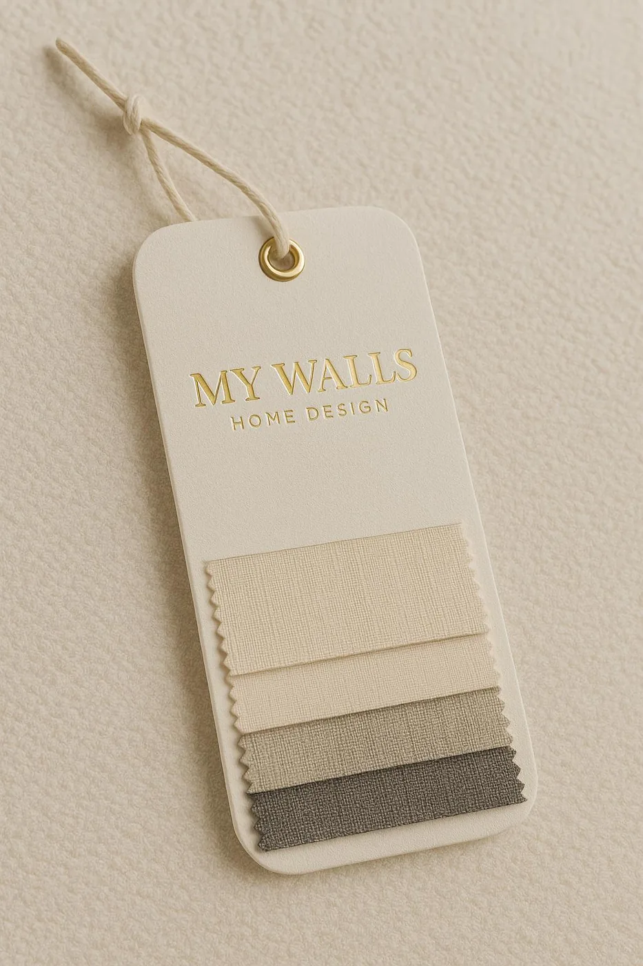 Gold-foil hang tag with four fabric swatches.