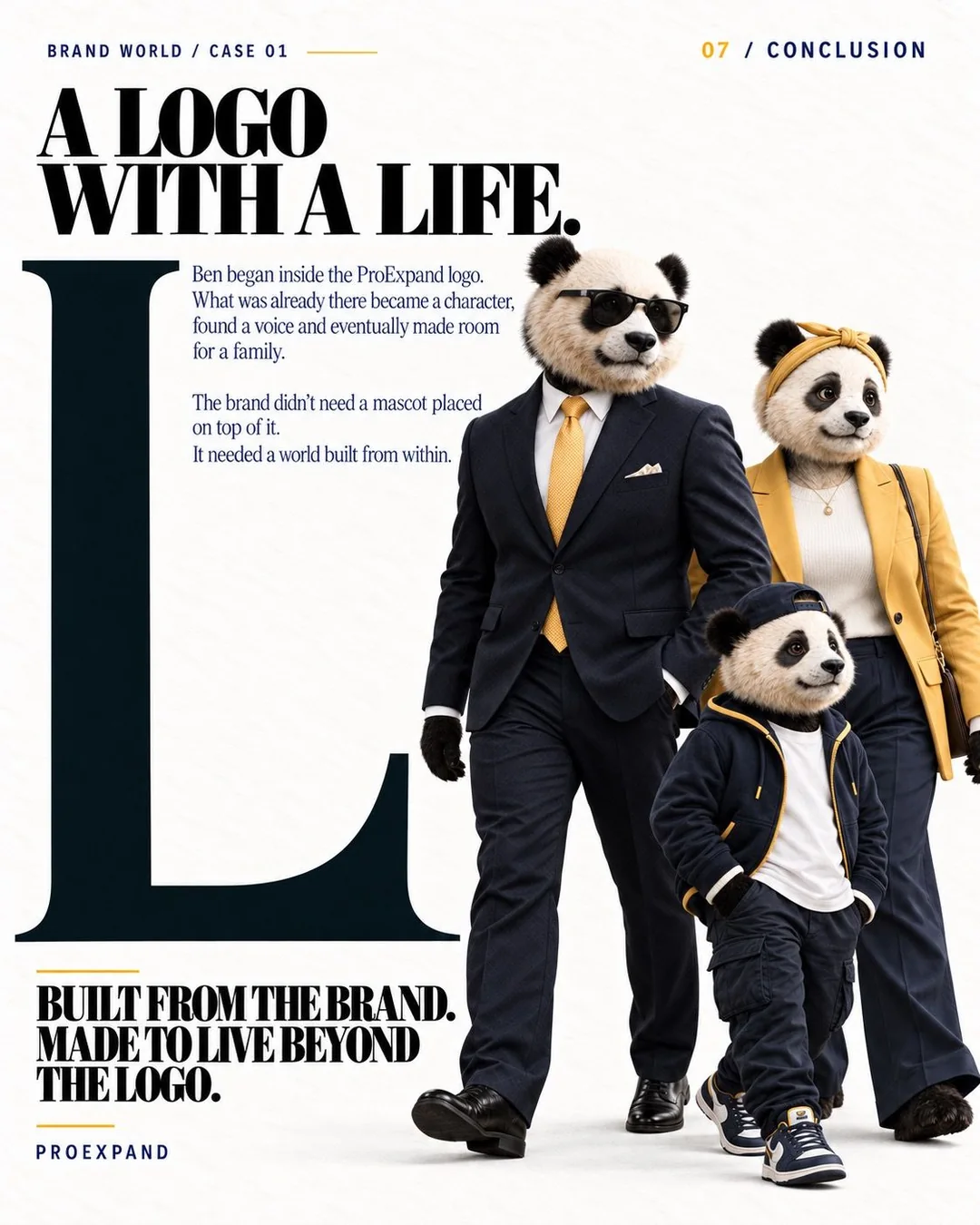 A logo with a life: Ben, Charlene and Leo walking together beside a giant letter L.