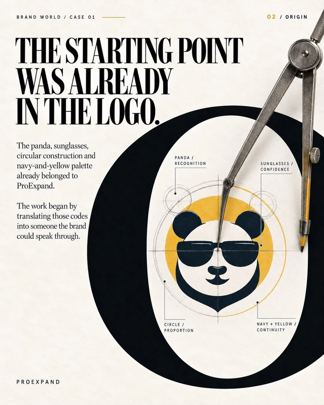 The ProExpand logo broken down into panda, sunglasses, circle and navy and yellow palette, with a drafting compass.